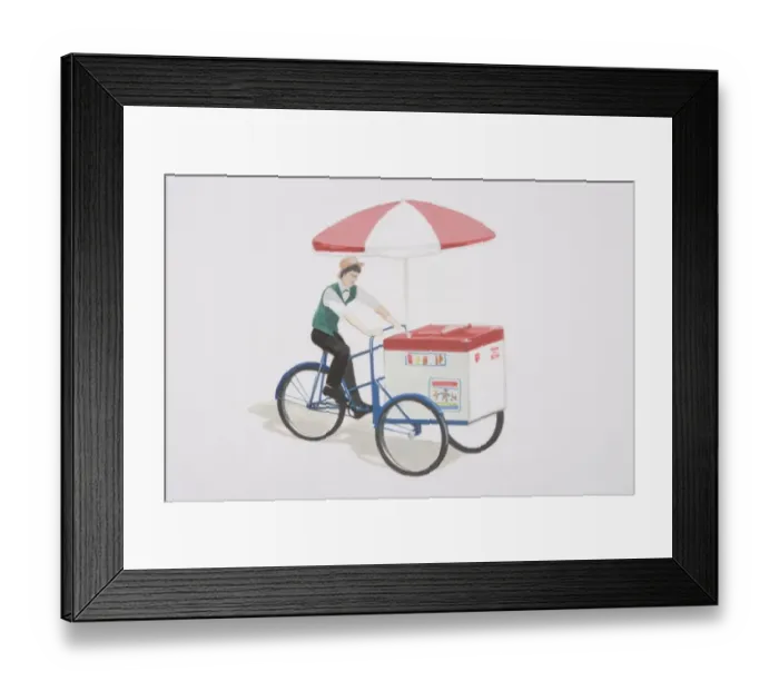 Framed Print : Man in green waistcoat and hat riding ice bike, a tricycle with umbrella and cool box used to sell ice cream Framed Print : Man in green waistcoat and hat riding ice bike, a tricycle with umbrella and cool box used to sell ice cream