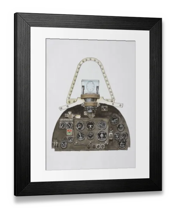 Framed Print : Pilots controls, switches and dials in aeroplane cockpit, front view Framed Print : Pilots controls, switches and dials in aeroplane cockpit, front view