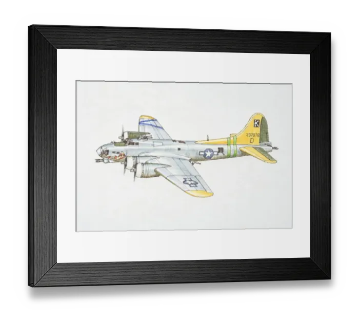 Framed Print : Silver Boeing B-17G American military jet with yellow Tail, side view