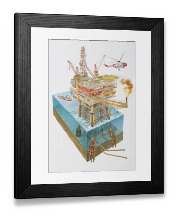 Framed Print : Off-shore oil rig surrounded by sailing fireboat and flying helicopter, underwater cross-section depicting the rigs foundations Framed Print : Off-shore oil rig surrounded by sailing fireboat and flying helicopter, underwater cross-section depicting the rigs foundations