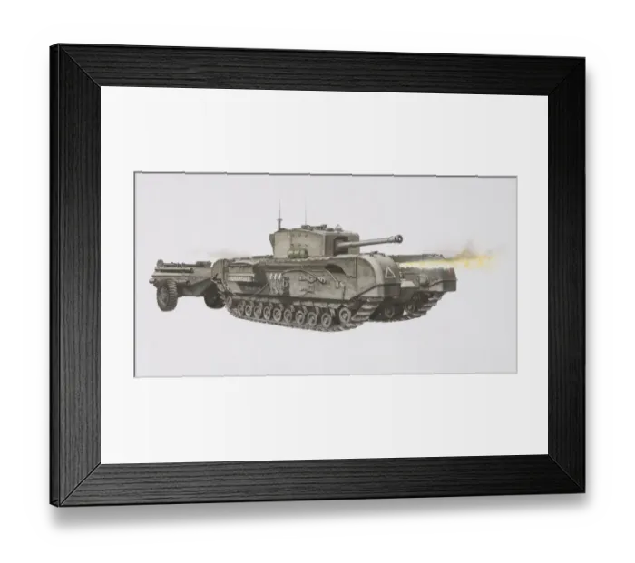 Framed Print : Churchill Tank mounted with a flame gun at the front and armoured trailer at the back Framed Print : Churchill Tank mounted with a flame gun at the front and armoured trailer at the back