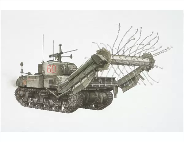 American Sherman Crab, army tank with chains spinning on a cylinder attached by steel arms