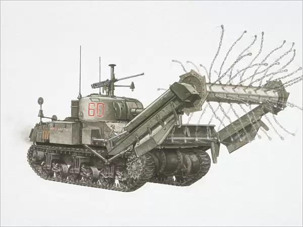 American Sherman Crab, army tank with chains spinning on a cylinder attached by steel arms