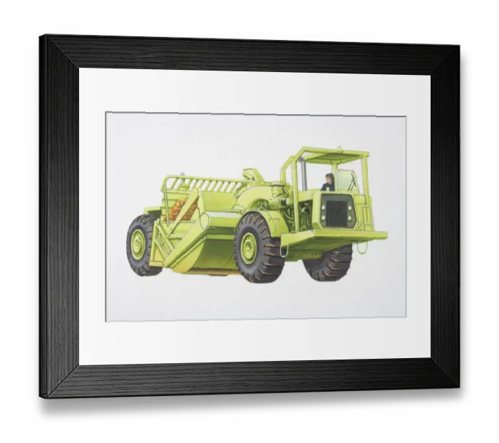 Framed Print : Green scraper with basin full of earth, side view Framed Print : Green scraper with basin full of earth, side view