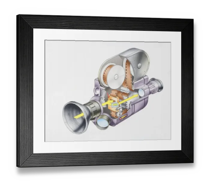 Framed Print : Cross-section diagram of a cine camera Framed Print : Cross-section diagram of a cine camera