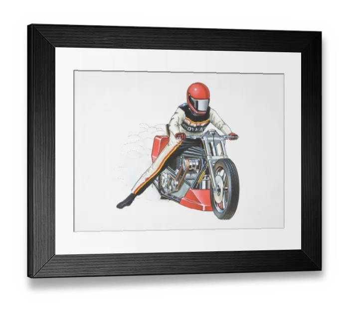Framed Print : Person wearing a helmet and riding outfit speeding ahead on motorcycle, front view Framed Print : Person wearing a helmet and riding outfit speeding ahead on motorcycle, front view