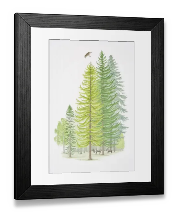 Framed Print : Green forest with grazing deer and a bird flying above tree-tops Framed Print : Green forest with grazing deer and a bird flying above tree-tops