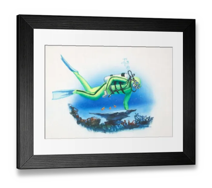 Framed Print : Scuba diver swimming just above the coral Framed Print : Scuba diver swimming just above the coral