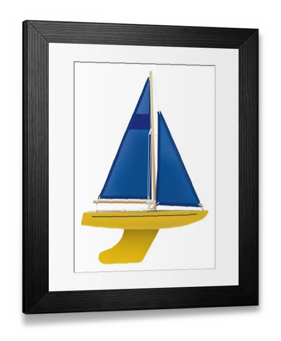 Framed Print : Yellow toy sailing boat with blue sail, front view Framed Print : Yellow toy sailing boat with blue sail, front view