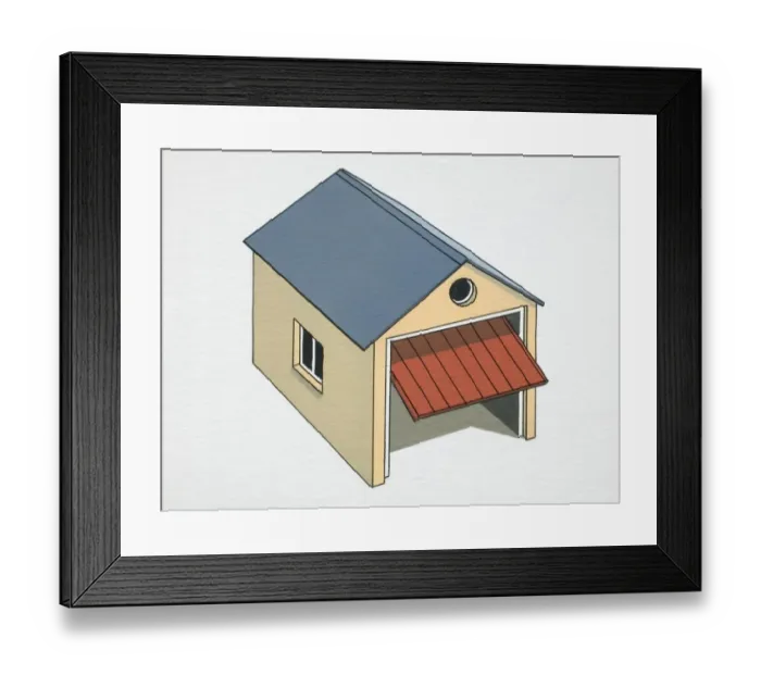 Framed Print : Artwork of a garage with the main door opening Framed Print : Artwork of a garage with the main door opening