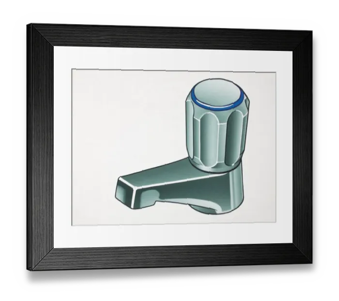 Framed Print : Artwork of a silver tap with a blue ring on top of the screw handle Framed Print : Artwork of a silver tap with a blue ring on top of the screw handle