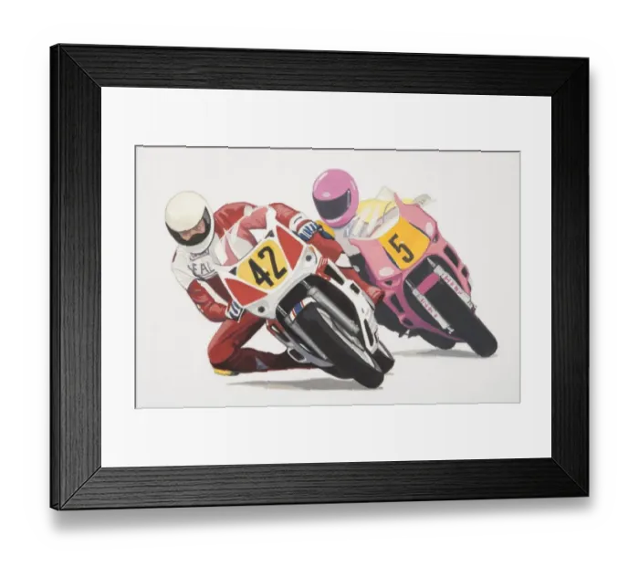 Framed Print : Two racers wearing helmets and knee sliders leaning sideways while riding motorbikes, front view Framed Print : Two racers wearing helmets and knee sliders leaning sideways while riding motorbikes, front view
