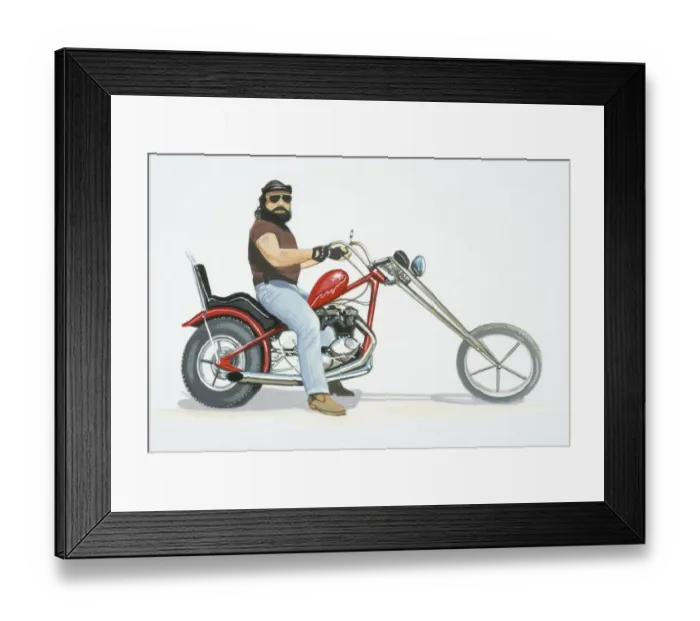 Framed Print : Rider sitting on stationary chopper bike, side view Framed Print : Rider sitting on stationary chopper bike, side view