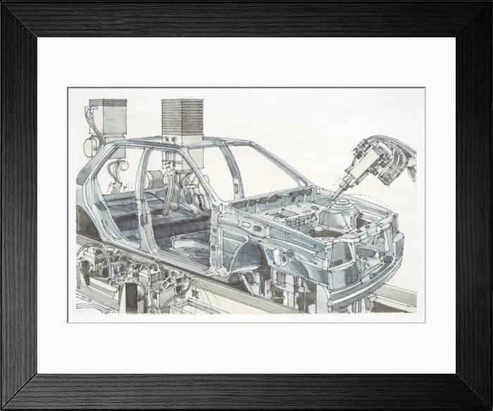 Framed Print : Robots manufacturing car on production line, side view Framed Print : Robots manufacturing car on production line, side view