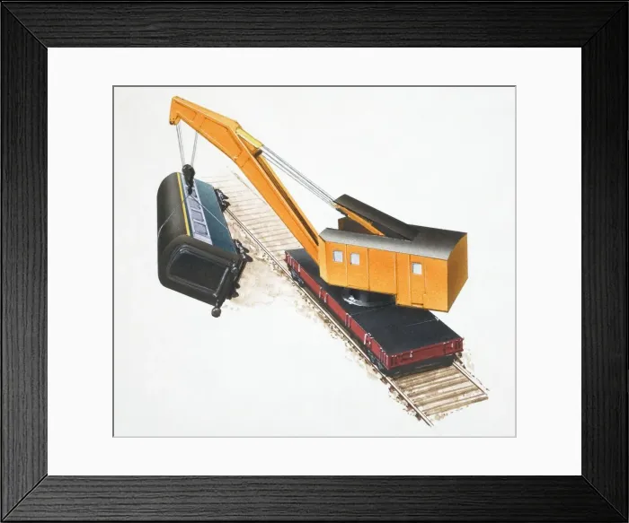 Framed Print : Breakdown train lifting another train off the track Framed Print : Breakdown train lifting another train off the track