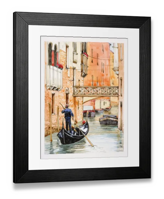 Framed Print : Italy, Venice, man rowing gondola in city canal, rear view