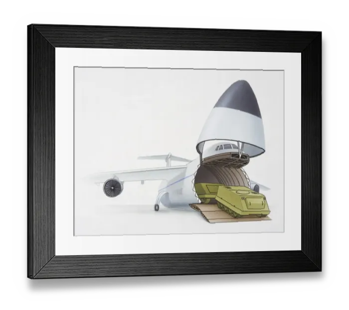 Framed Print : Military transport plane offloading armoured personnel carriers, nose cone open and raised, green tanks driving over ramp, front view Framed Print : Military transport plane offloading armoured personnel carriers, nose cone open and raised, green tanks driving over ramp, front view