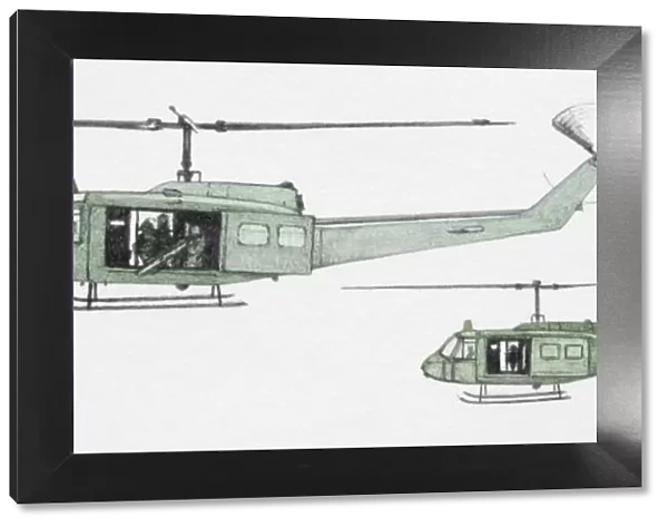 Military helicopter with open door carrying crew, side view