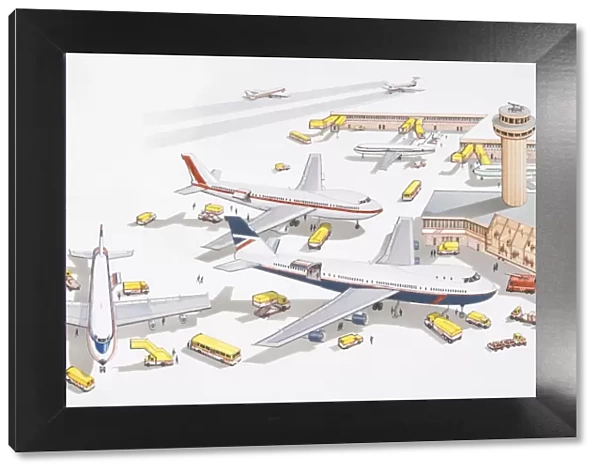 Illustration of airport passenger terminal, support services attending to grounded planes, control tower overlooking, firefighters nearby for refuelling, yellow boarding ramp, clearly visible yellow support vehicles