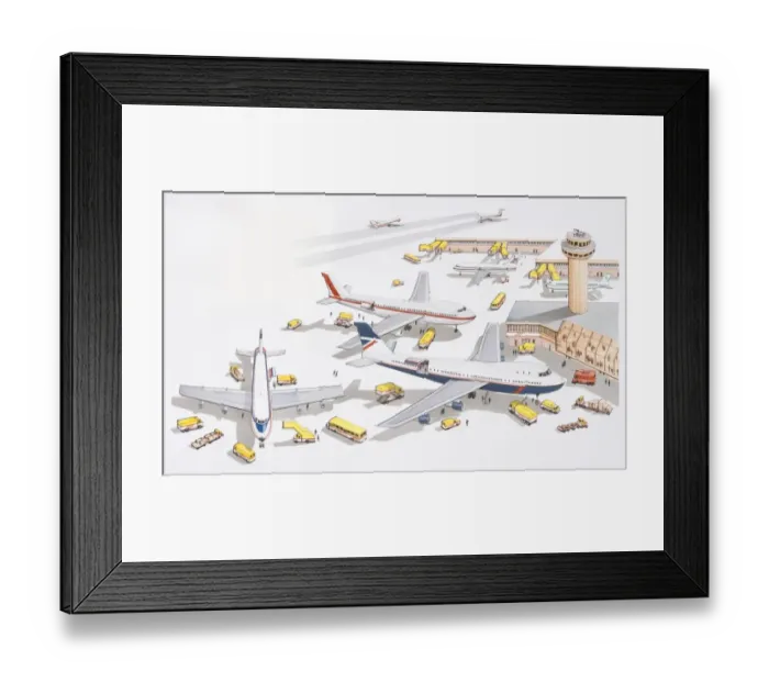 Framed Print : Illustration of airport passenger terminal, support services attending to grounded planes, control tower overlooking, firefighters nearby for refuelling, yellow boarding ramp, clearly visible yellow support vehicles Framed Print : Illustration of airport passenger terminal, support services attending to grounded planes, control tower overlooking, firefighters nearby for refuelling, yellow boarding ramp, clearly visible yellow support vehicles