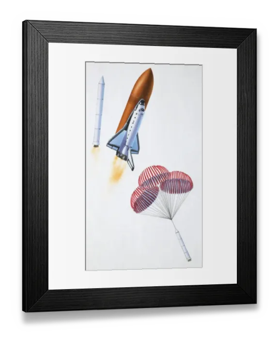 Framed Print : Booster rockets separating from space shuttle after liftoff, side view