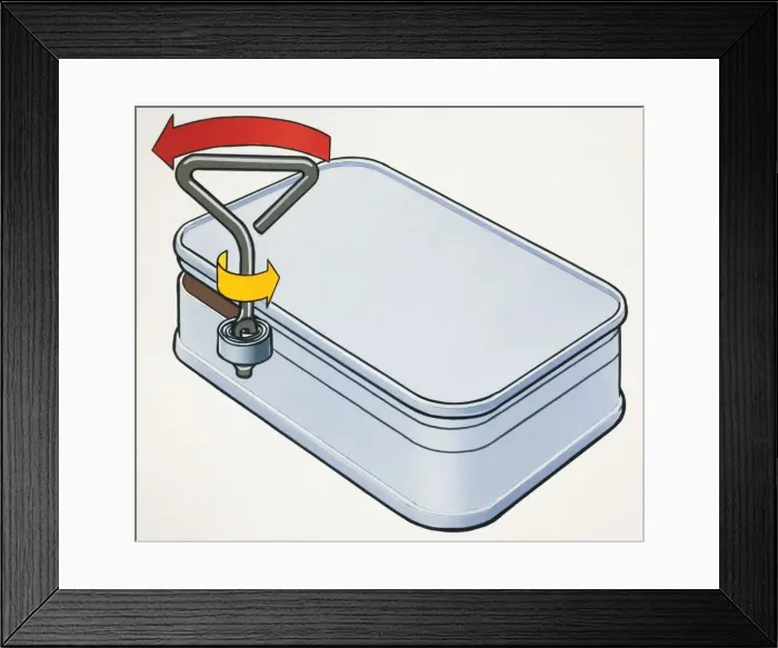 Framed Print : Arrows illustrating circular movement of key twisting to open rectangular metal tin, front view Framed Print : Arrows illustrating circular movement of key twisting to open rectangular metal tin, front view