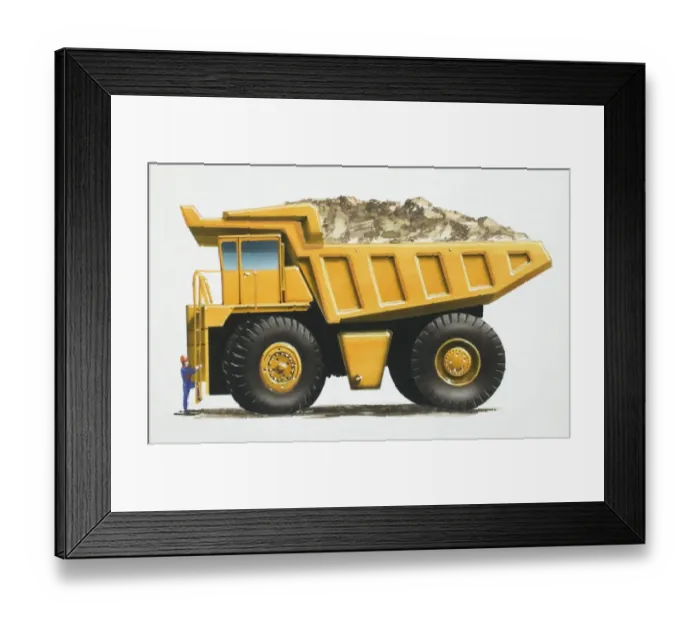 Framed Print : Yellow earth mover truck with man climbing side ladder, side view Framed Print : Yellow earth mover truck with man climbing side ladder, side view