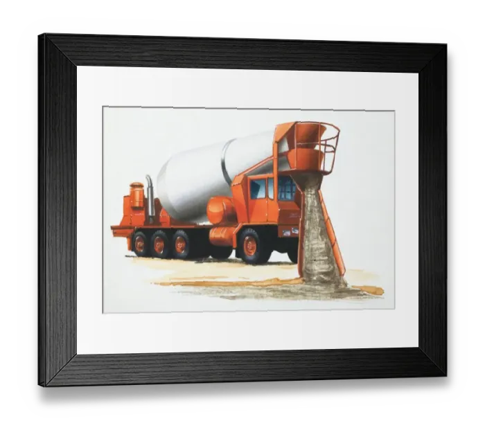 Framed Print : Orange cement truck, side view