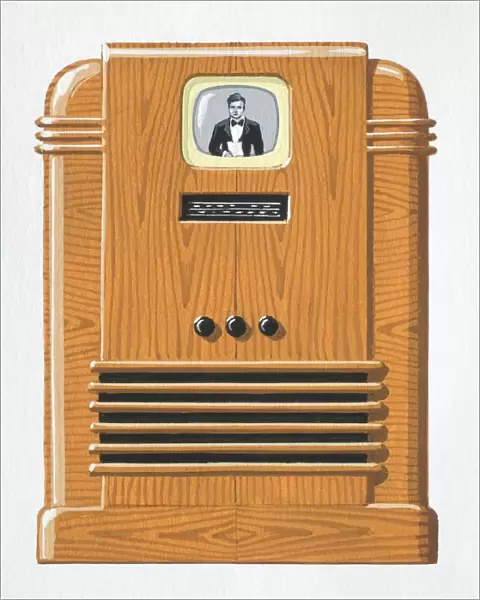 1940s television with small screen embedded in wooden case, front view