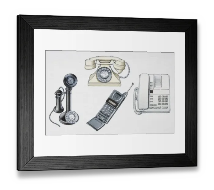 Framed Print : Assorted telephones from various stages in history, front view Framed Print : Assorted telephones from various stages in history, front view