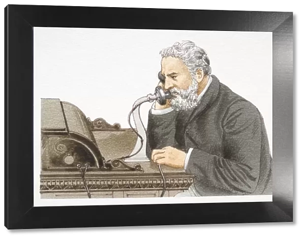 Alexander Graham Bell speaking 1876 Bell telephone, side view
