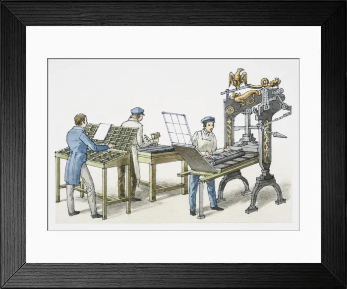 Framed Print : Workers printing using large metal presses, front view Framed Print : Workers printing using large metal presses, front view