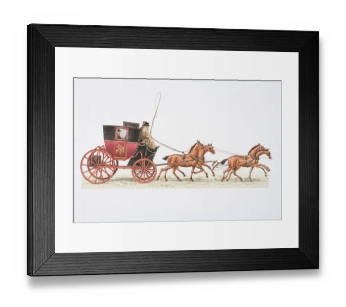 Framed Print : Postboy driving 1784 mail coach drawn by four horses, side view Framed Print : Postboy driving 1784 mail coach drawn by four horses, side view