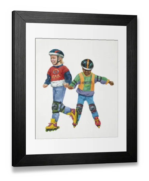 Framed Print : Girl and boy in kneepads and helmets rollerblading holding hands, front view Framed Print : Girl and boy in kneepads and helmets rollerblading holding hands, front view