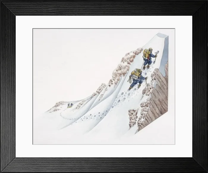 Framed Print : Two climbers with backpacks climbing snowy mountain-side using mallets, section Framed Print : Two climbers with backpacks climbing snowy mountain-side using mallets, section
