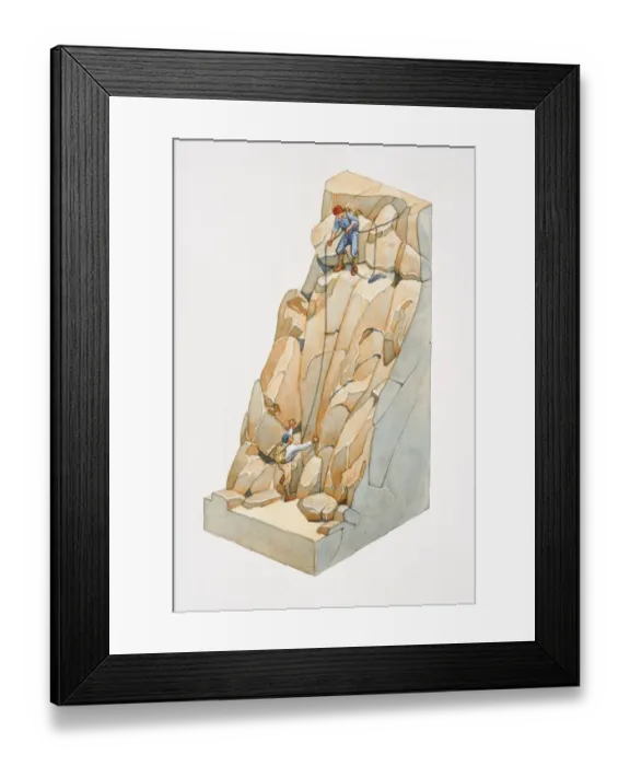 Framed Print : Two climbers climbing rocks on mountain side, the leader pausing for his partner to ascend, section Framed Print : Two climbers climbing rocks on mountain side, the leader pausing for his partner to ascend, section