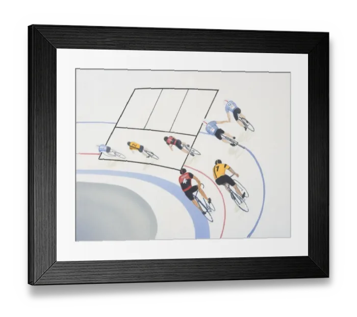 Framed Print : Men cycling around curve of indoor racing track, elevated view Framed Print : Men cycling around curve of indoor racing track, elevated view