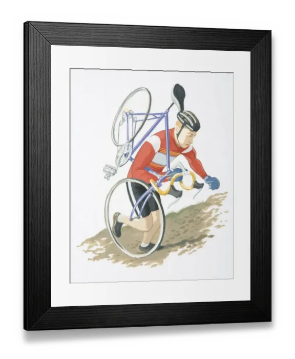 Framed Print : Cyclocross competitor in helmet, gloves and cycling shorts carrying his bike up a steep muddy hill, side view Framed Print : Cyclocross competitor in helmet, gloves and cycling shorts carrying his bike up a steep muddy hill, side view