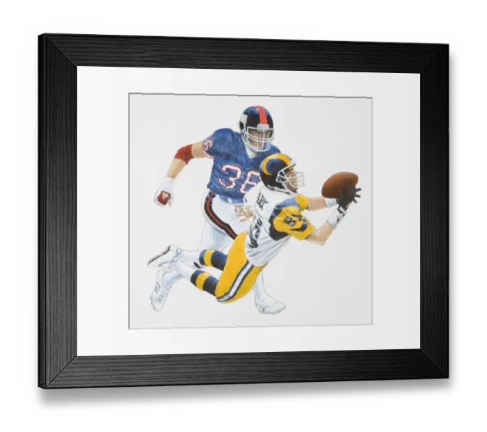 Framed Print : American football player diving forward to catch ball chased closely by player from opponent team, side view Framed Print : American football player diving forward to catch ball chased closely by player from opponent team, side view