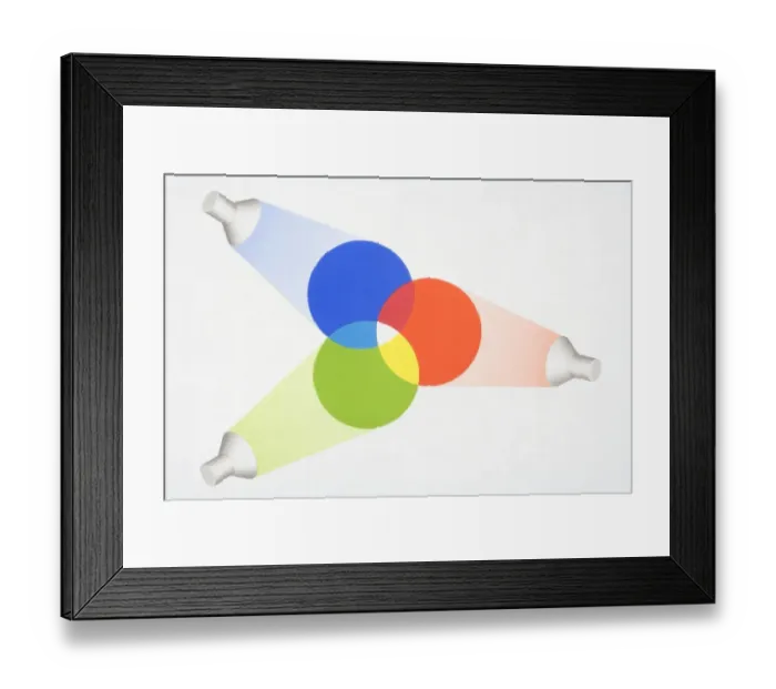 Framed Print : Three primary colours of light, yellow, red and blue; mixing to produce secondary colours, three primary colours combining to make white light Framed Print : Three primary colours of light, yellow, red and blue; mixing to produce secondary colours, three primary colours combining to make white light