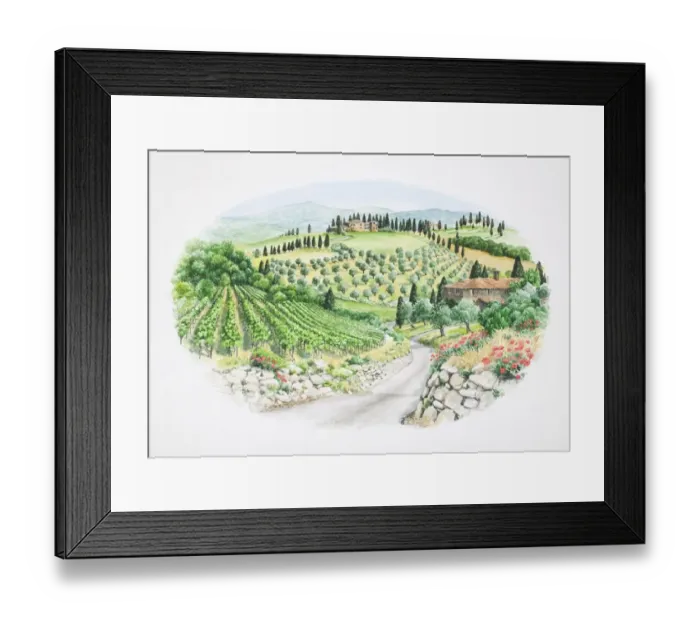 Framed Print : Panoramic view of green valley landscape with brick houses, vineyards, groves, poppies and cypress trees, front view Framed Print : Panoramic view of green valley landscape with brick houses, vineyards, groves, poppies and cypress trees, front view