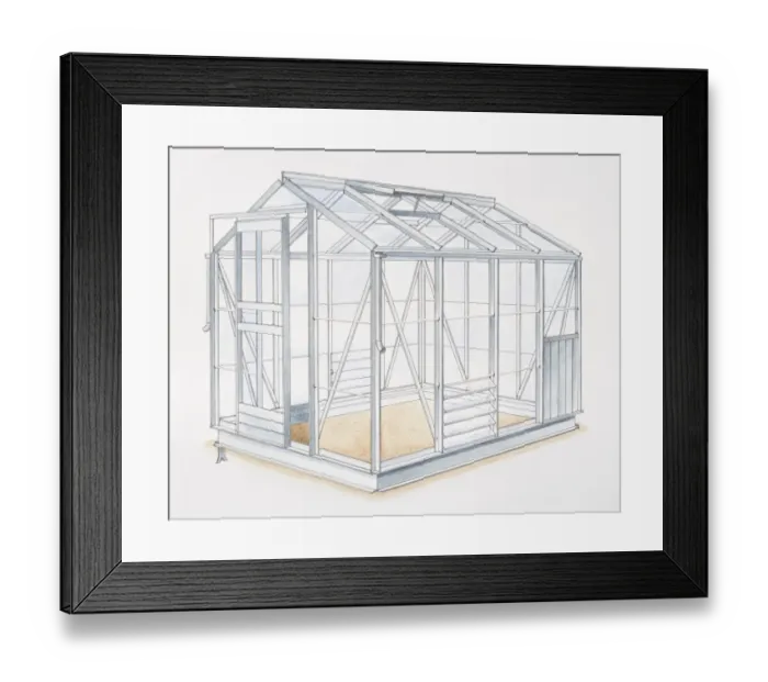 Framed Print : Empty glass greenhouse with metal frame, side view