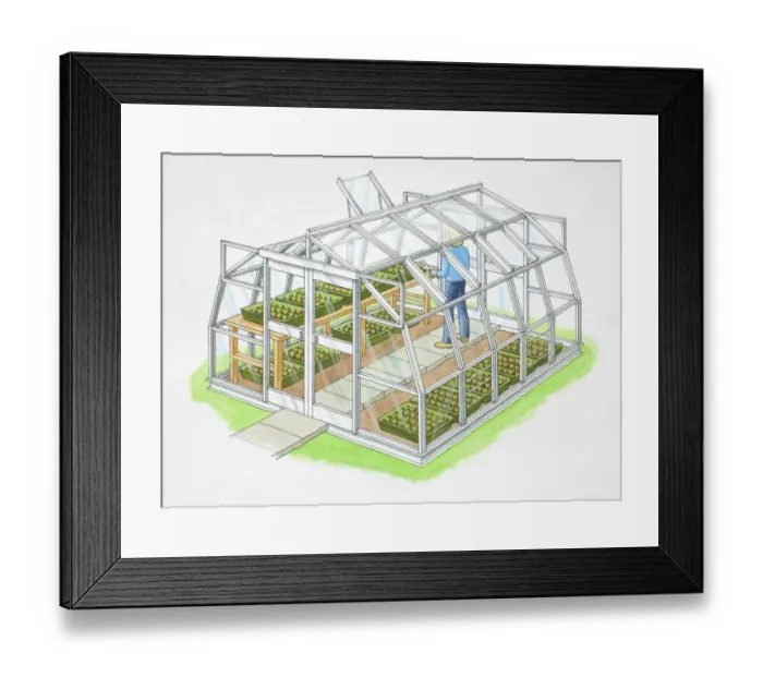 Framed Print : Gardener inside vegetables greenhouse made of glass and metal frame, side view Framed Print : Gardener inside vegetables greenhouse made of glass and metal frame, side view