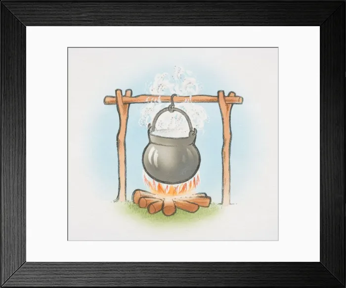 Framed Print : Cauldron boiling over open fire, front view Framed Print : Cauldron boiling over open fire, front view