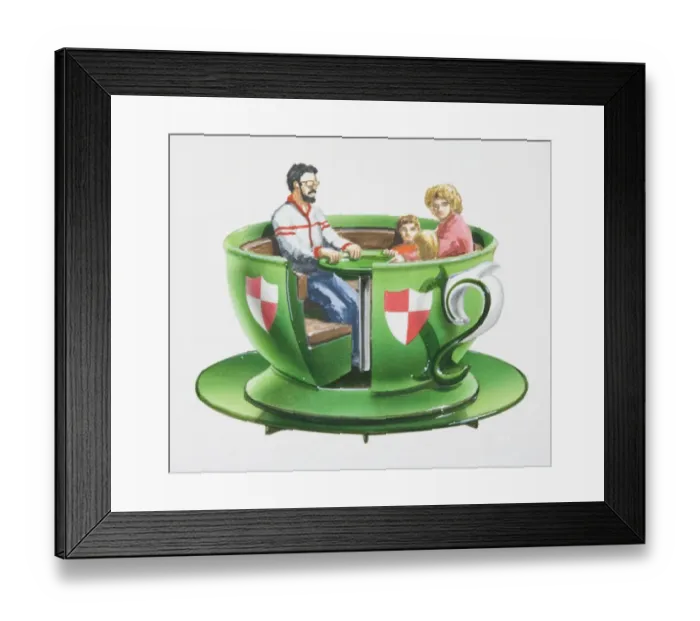Framed Print : Artwork of a green teacup ride seat containing a man, woman and two children Framed Print : Artwork of a green teacup ride seat containing a man, woman and two children