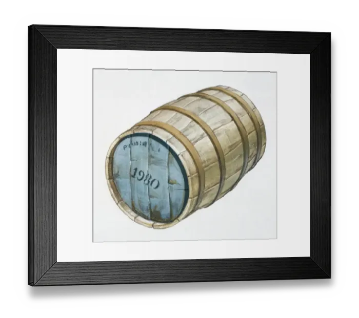 Framed Print : Oak cask labelled 1980 front view