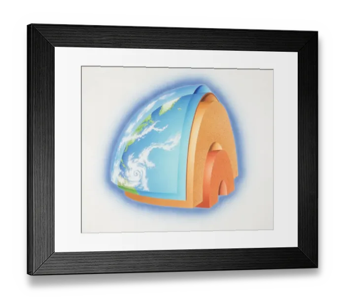 Framed Print : Cross-section diagram of quarter of the earths sphere illustrating subterranean layers of matter, side view Framed Print : Cross-section diagram of quarter of the earths sphere illustrating subterranean layers of matter, side view