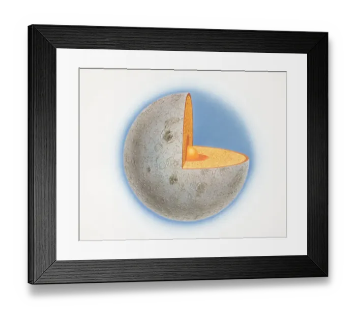Framed Print : Cross-section diagram of the moon with quarter of sphere removed to illustrate subterranean layers of matter, front view Framed Print : Cross-section diagram of the moon with quarter of sphere removed to illustrate subterranean layers of matter, front view