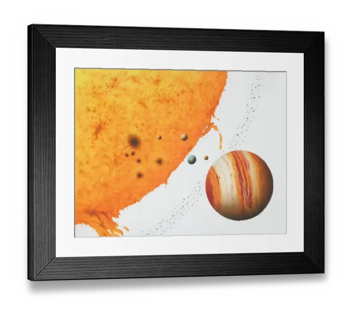 Framed Print : Surface of the sun with an arch of fire, next to the planets Jupiter, Mars, Earth, Venus, Mercury and an Asteroid belt Framed Print : Surface of the sun with an arch of fire, next to the planets Jupiter, Mars, Earth, Venus, Mercury and an Asteroid belt