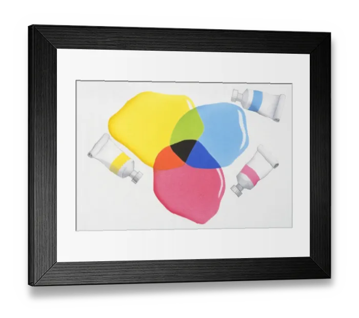 Framed Print : Paint in primary colours, red, blue and yellow; colours mixing to produce other colours, three primary colours combining to produce black